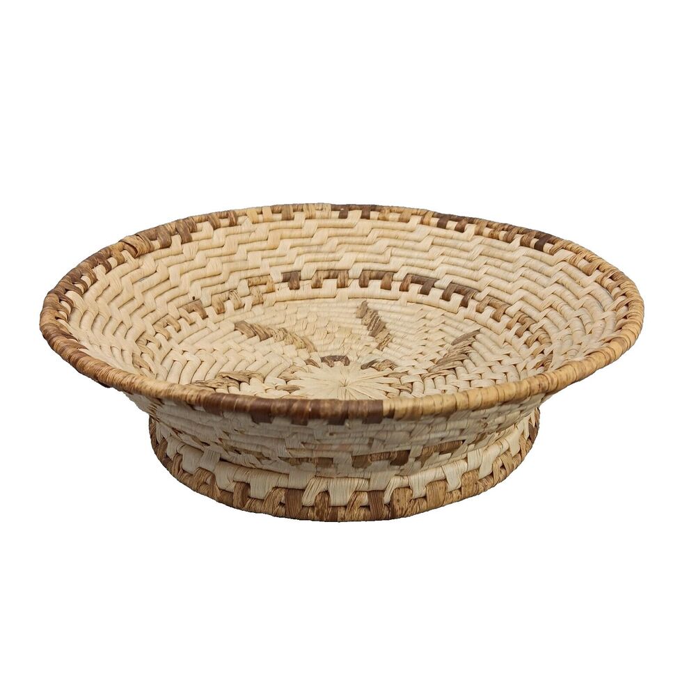 Woven Grass Pedestal Bowl Starburst Geometric Pattern Two Tone Brown and Tan